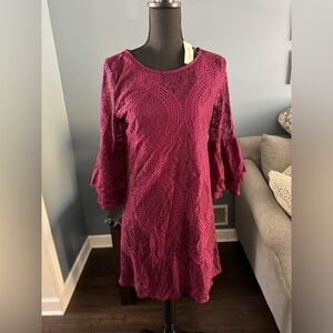 Lace patterned long sleeve burgundy dress NWT